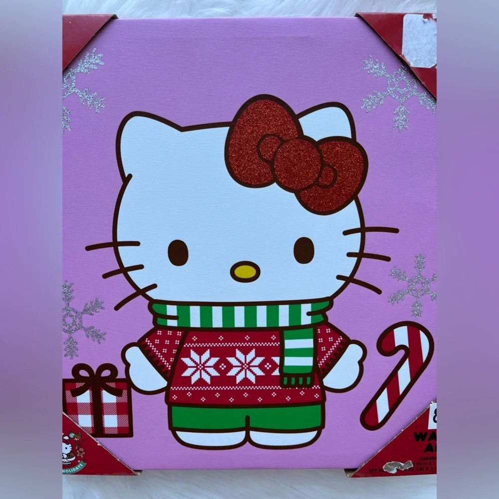 🆕Hello Kitty Christmas Holiday Wall Art - Festive Canvas Decor 12”x12” Pink